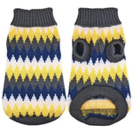 Load image into Gallery viewer, Stretchy dog sweater that has a pretty jagged multicolored design of gray, white, yellow, and blue alternately.
