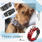Load image into Gallery viewer, A dog wearing a Toggy Doggy Gray Leather Spike Studded Collar
