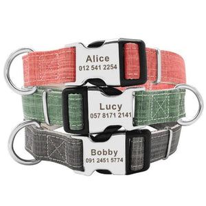  Pink, Green, and Black Nylon Adjustable Personalized Dog Tag Collars with Metal Buckle and D-Ring on top of each other