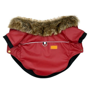 Fur Collared Red Leather Dog Jacket
