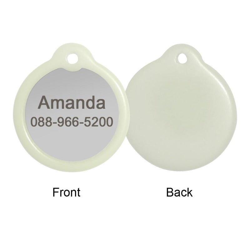 Front And Back Of The Personalized Engraved Glowing Stainless Steel Dog Tag Round Shape