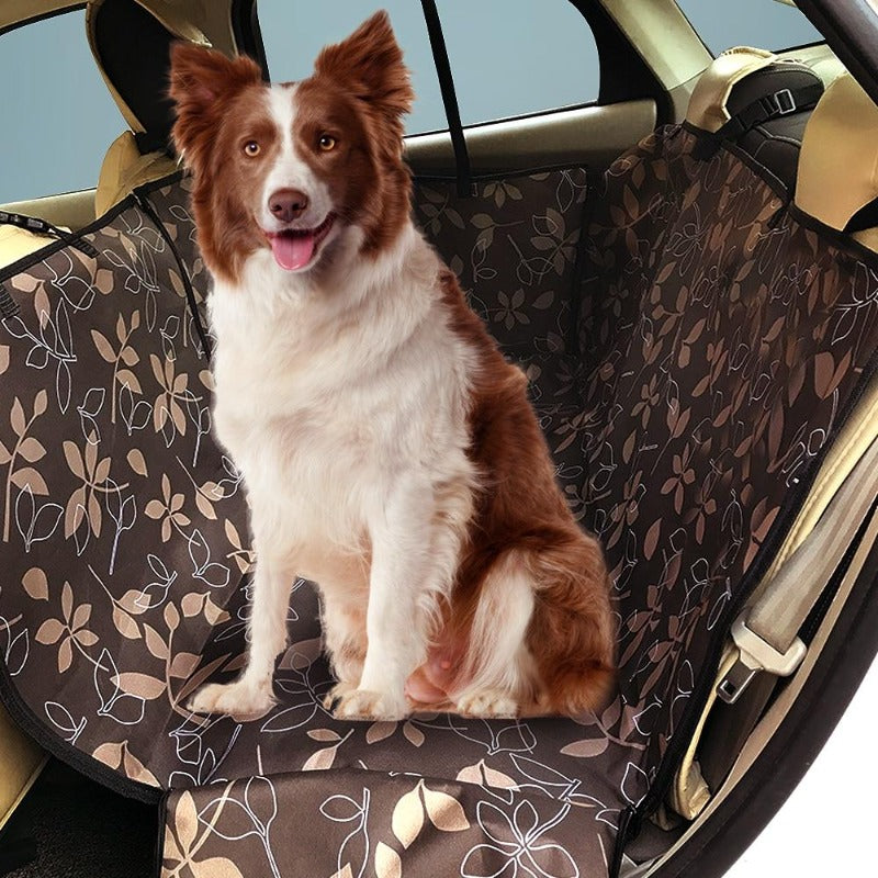 A Dog Sitting On A Beige Car Seat Back Cover Dog Mat Protector With Flower Design