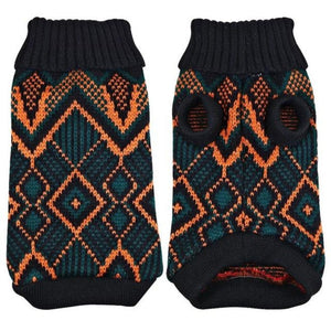 Stretchy dog sweater that has a pretty patterned design of bluish-black and orange alternately.
