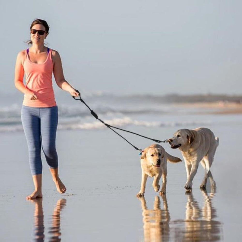 A Woman Walking With 2 Dogs On A Black Detachable Triple Leash with Foam Handle On The Beach