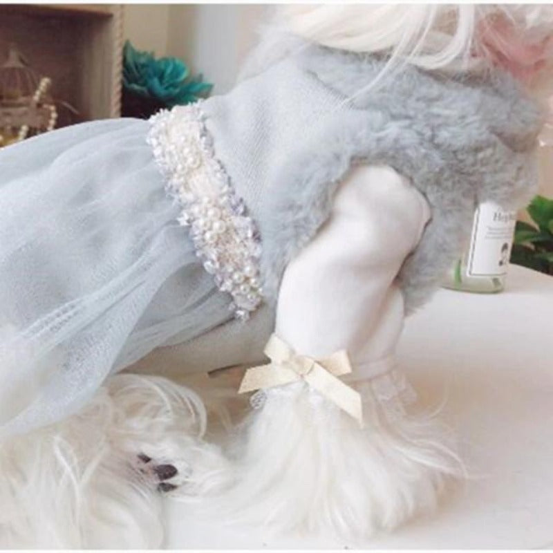 A Dog Wearing A Pearl Embellished Dog Dress, Blue 