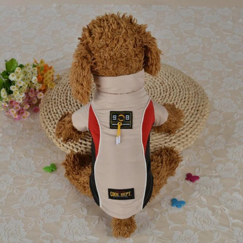 A Dog Wearing A Beige All Weather Dog Vest