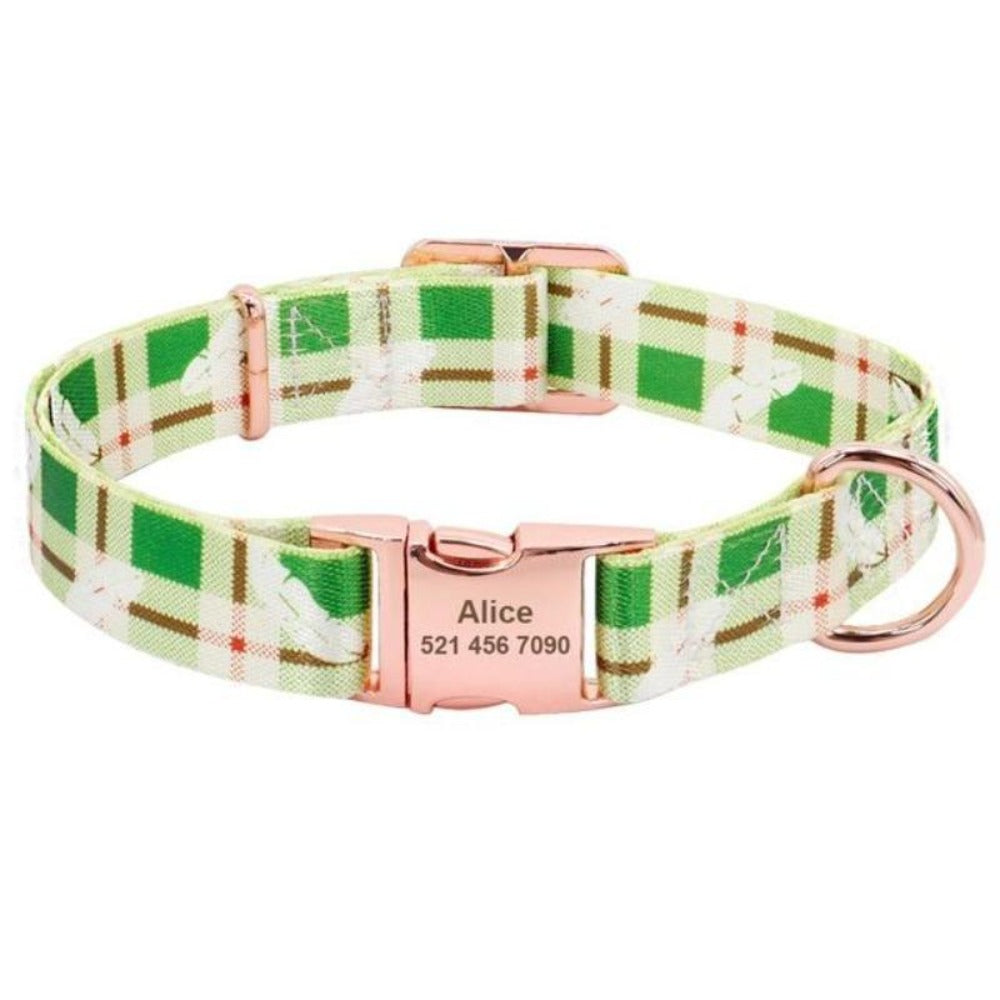 Checkered Green Nylon Customized Engraved Tag Collar with Metal Buckle and D-Ring