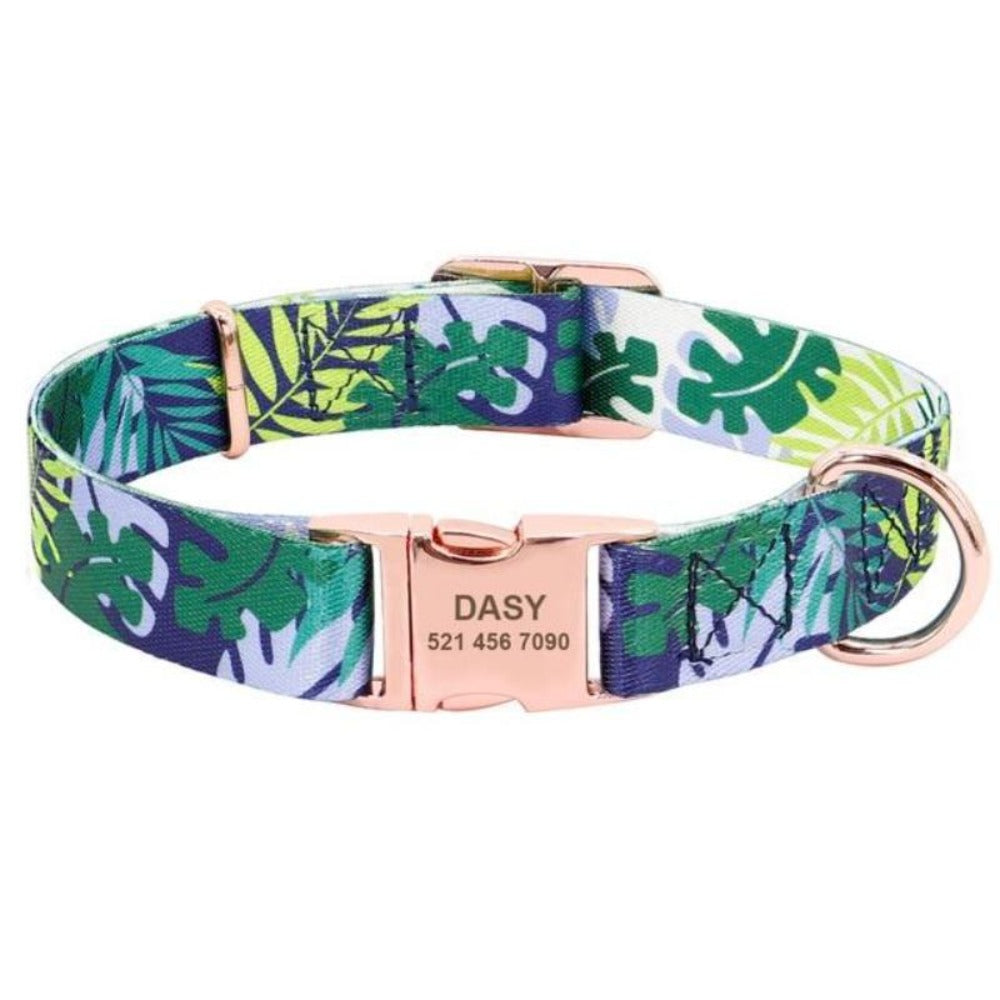  Blue-Green Nylon Customized Engraved Tag Collar with Metal Buckle and D-Ring