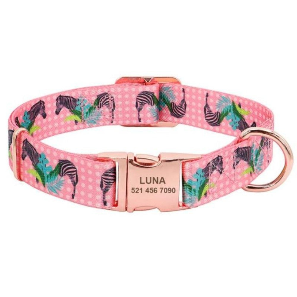  Pink Nylon Customized Engraved Tag Collar with Metal Buckle and D-Ring