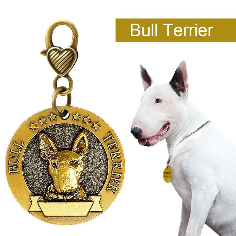 A Bull Terrier Dog Wearing A Dog Breed Personalized ID Tag Bull Terrier