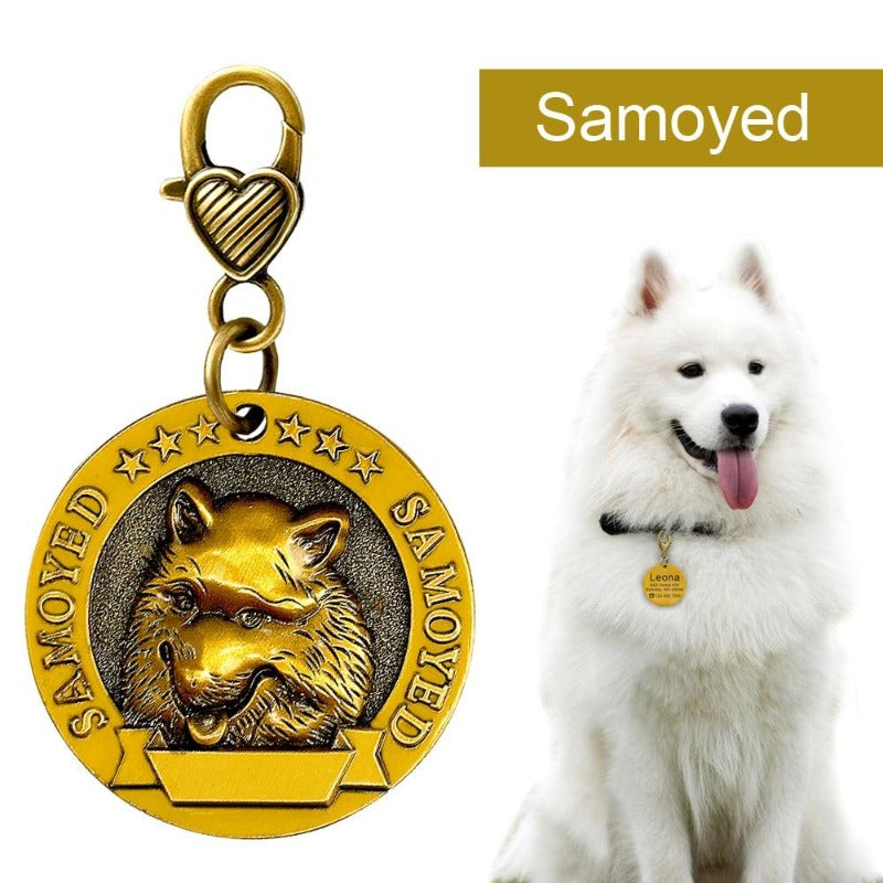 A Samoyed Dog Wearing A Toggy Doggy Dog Breed Personalized ID Tag Samoyed