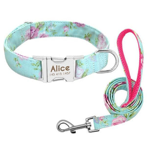A Green Floral Pattern Custom Personalized Dog Tag Collar and Leash Set