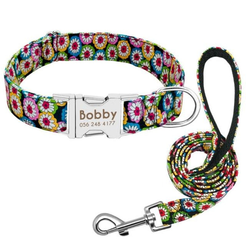 A Colorful Floral Pattern Custom Personalized Dog Tag Collar and Leash Set