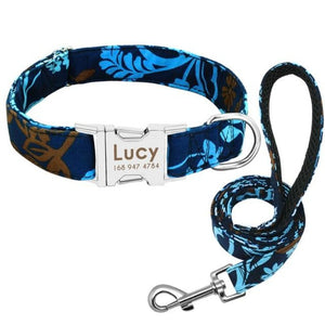 A  Blue Floral Pattern Custom Personalized Dog Tag Collar and Leash Set