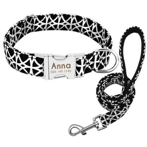 A Black aand White Pattern Custom Personalized Dog Tag Collar and Leash Set 