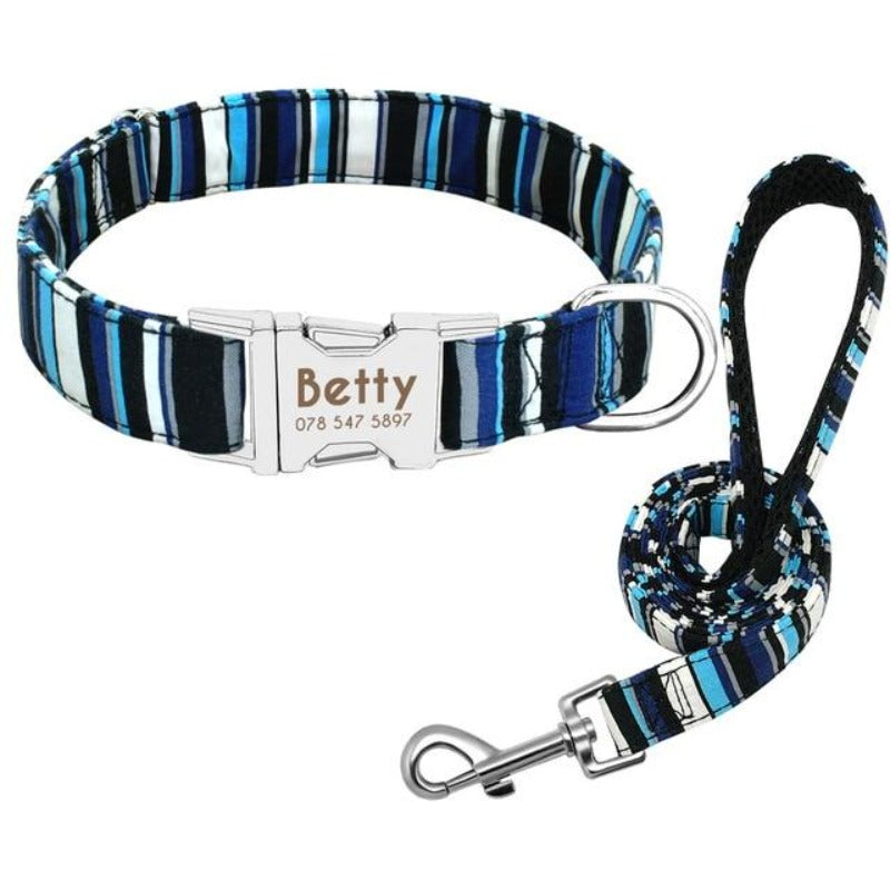 A Blue Striped Pattern Custom Personalized Dog Tag Collar and Leash Set