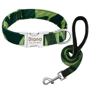 A Green Camouflage Pattern Custom Personalized Dog Tag Collar and Leash Set
