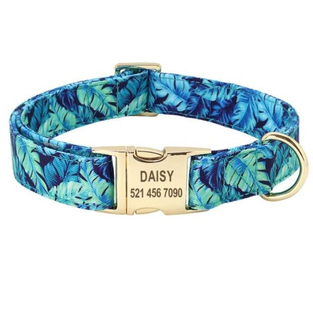  Blue Floral Nylon Personalized Engraved Tag Dog Collar with Gold Plated Metal Buckle and D-Ring 