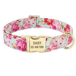 Load image into Gallery viewer,  Pink Floral Nylon Personalized Engraved Tag Dog Collar with Gold Plated Metal Buckle and D-Ring 
