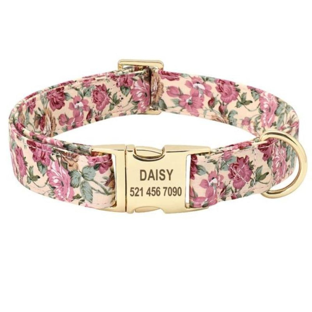  Beige with Purple Floral Design Nylon Personalized Engraved Tag Dog Collar with Gold Plated Metal Buckle and D-Ring