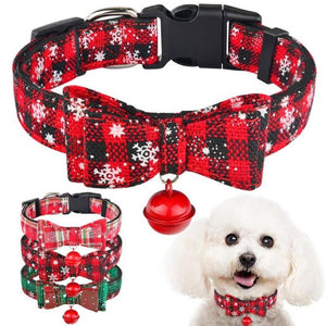 A Dog Wearing The Christmas Dog Collar With Bell & Bow Tie in Dark Red & Snowflake Design