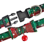 Load image into Gallery viewer, Easy On &amp; Off Feature Of The Christmas Dog Collar With Bell &amp; Bow Tie in Green &amp; Snowflake Design
