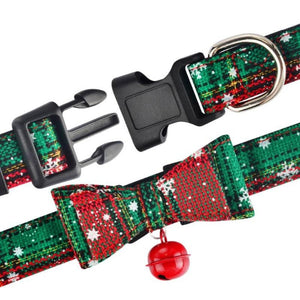 Easy On & Off Feature Of The Christmas Dog Collar With Bell & Bow Tie in Green & Snowflake Design