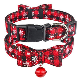 Christmas Dog Collar With Bell & Bow Tie in Dark Red & Snowflake Design