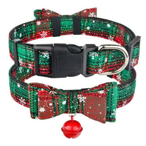 Christmas Dog Collar With Bell & Bow Tie in Green & Snowflake Design