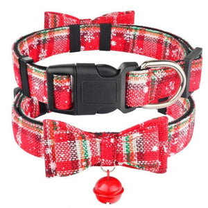 Christmas Dog Collar With Bell & Bow Tie in Red & Snowflake Design