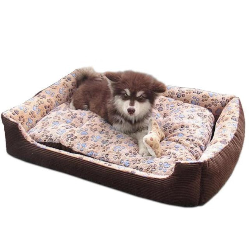 A Dog Sitting On A Coffee Colored Fleece Doggy Bed