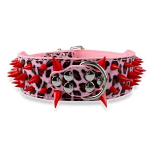  Pink Leather with Red Spike Studded Collar