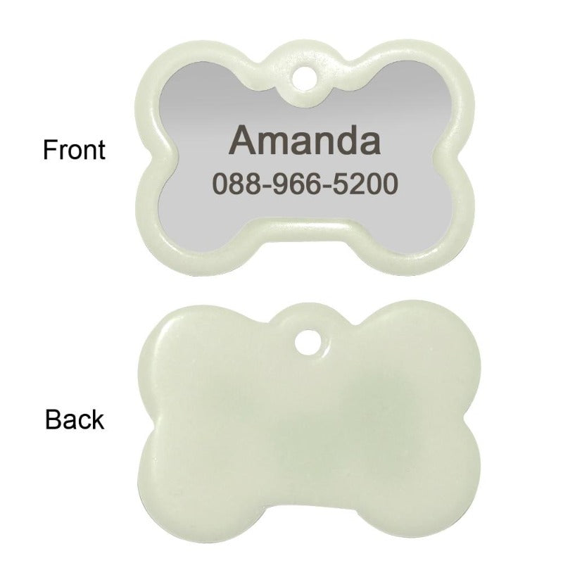 Front And Back Of The Personalized Engraved Glowing Stainless Steel Dog Tag Bone Shape