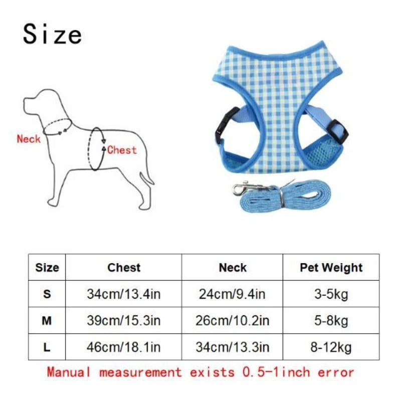 Plaid Dog Harness & Leash Set, Pink, Blue, Brown, S-L