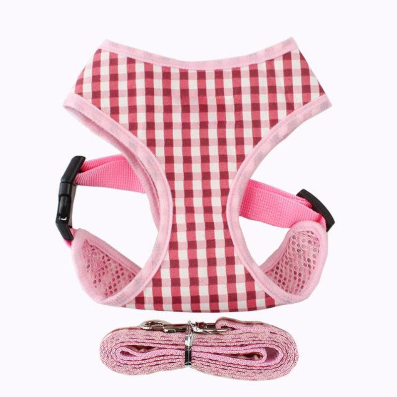 Pink Plaid Dog harness & Leash Set