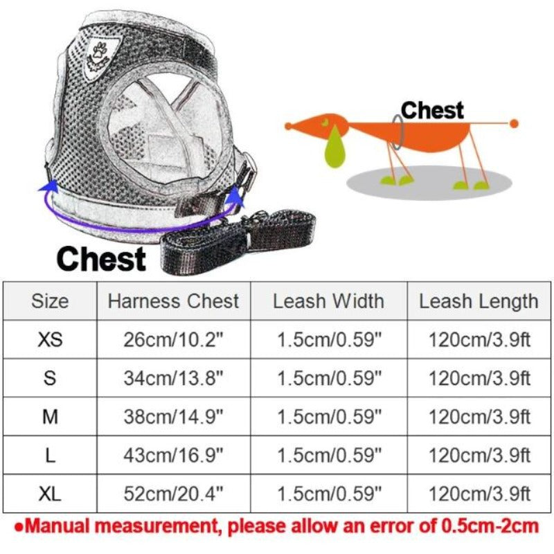 Size Guide of The Reflective Dog Mesh Harness