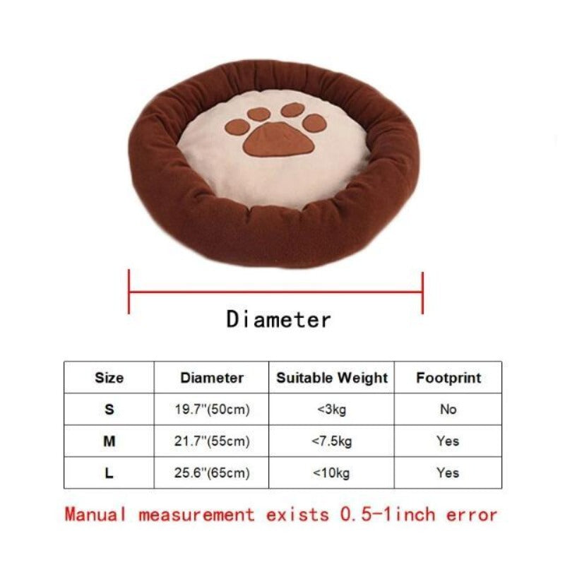 Round, Waterproof Doggy Bed With Pawprint Size Guide